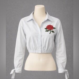 Blue & White Crop Top with Red Rose Embroidery